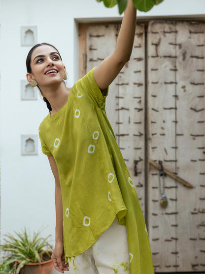 Ethnic Shibori Dyed A-Line High Low Kurta with Shibori Dyed Pant - Green