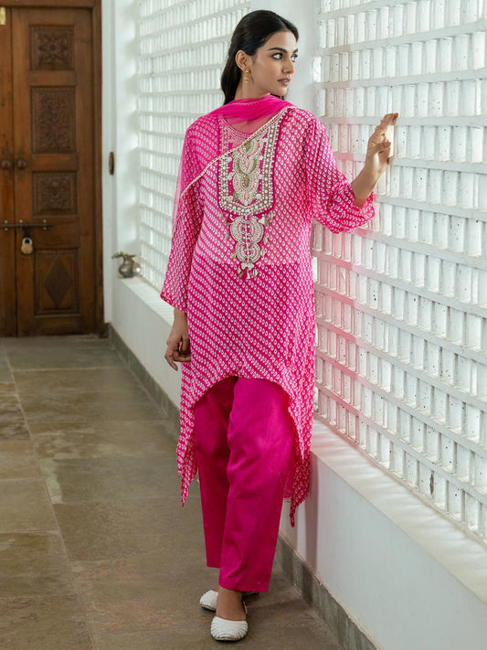 Ethnic Bandhani Printed Embroidered A-Line High Low Kurta with Pant and Dupatta - Pink