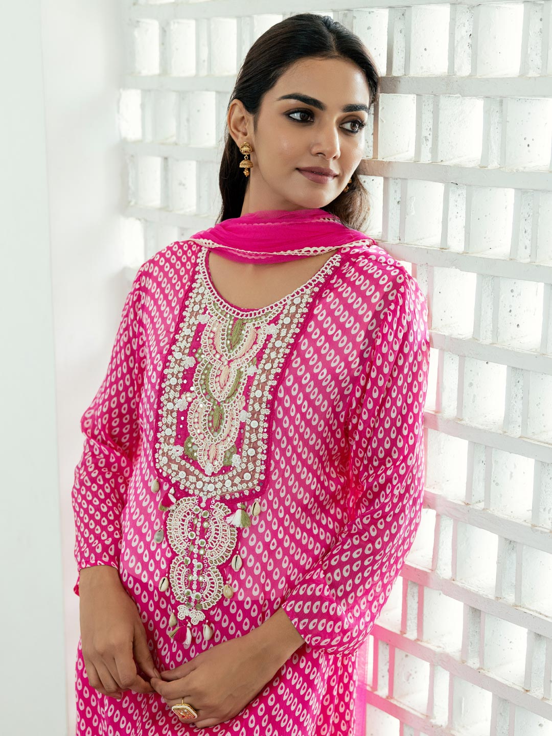 Ethnic Bandhani Printed Embroidered A-Line High Low Kurta with Pant and Dupatta - Pink