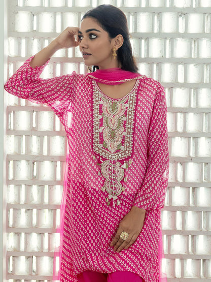 Ethnic Bandhani Printed Embroidered A-Line High Low Kurta with Pant and Dupatta - Pink