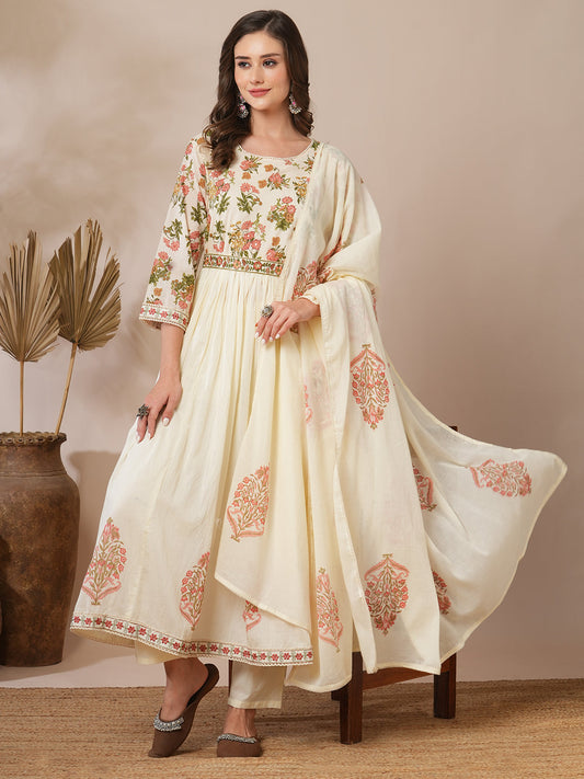 Floral Block Printed A-Line Pleated Kurta with Pant and Dupatta - Cream