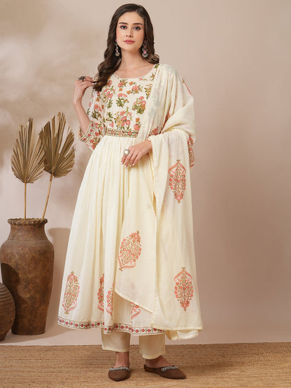 Floral Block Printed A-Line Pleated Kurta with Pant and Dupatta - Cream