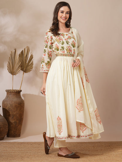 Floral Block Printed A-Line Pleated Kurta with Pant and Dupatta - Cream