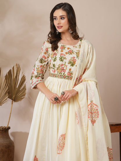 Floral Block Printed A-Line Pleated Kurta with Pant and Dupatta - Cream