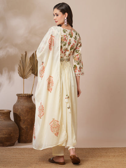 Floral Block Printed A-Line Pleated Kurta with Pant and Dupatta - Cream