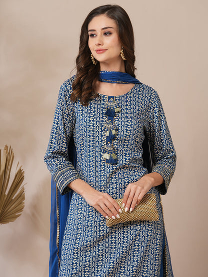 Ethnic Floral Stripes Printed Straight Fit Kurta with Pant and Dupatta - Teal Blue