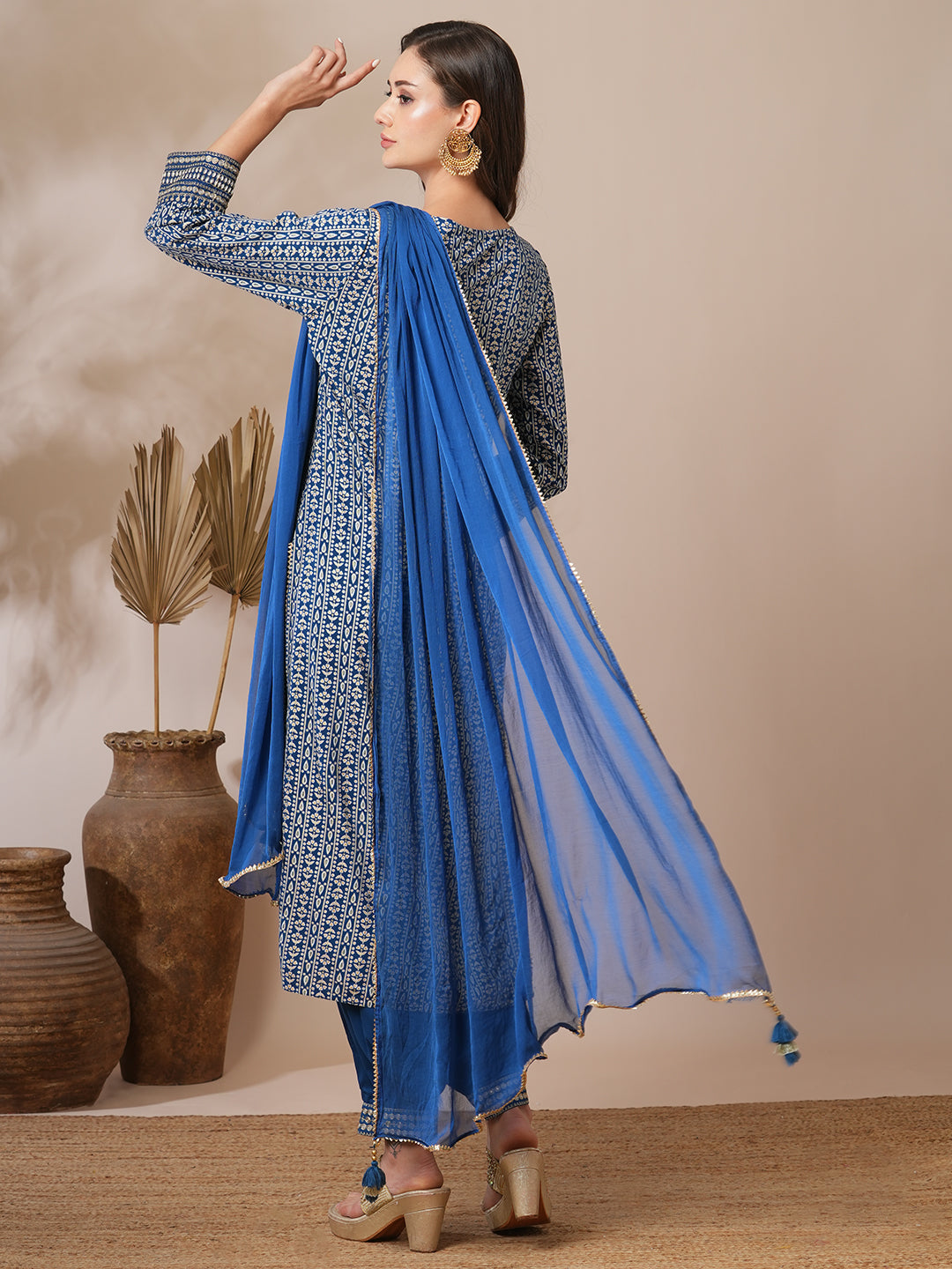 Ethnic Floral Stripes Printed Straight Fit Kurta with Pant and Dupatta - Teal Blue