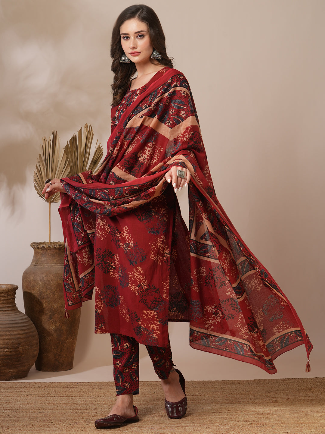 Ethnic Floral Printed & Embroidered Straight Fit Kurta with Pant & Dupatta - Brown