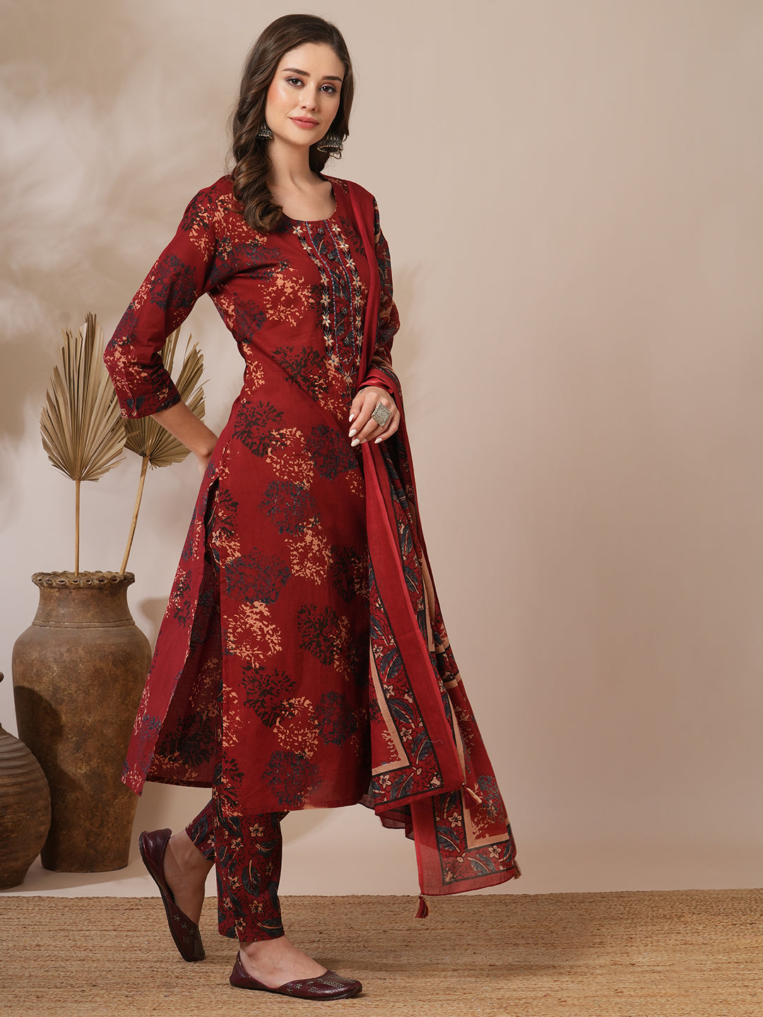 Ethnic Floral Printed & Embroidered Straight Fit Kurta with Pant & Dupatta - Brown