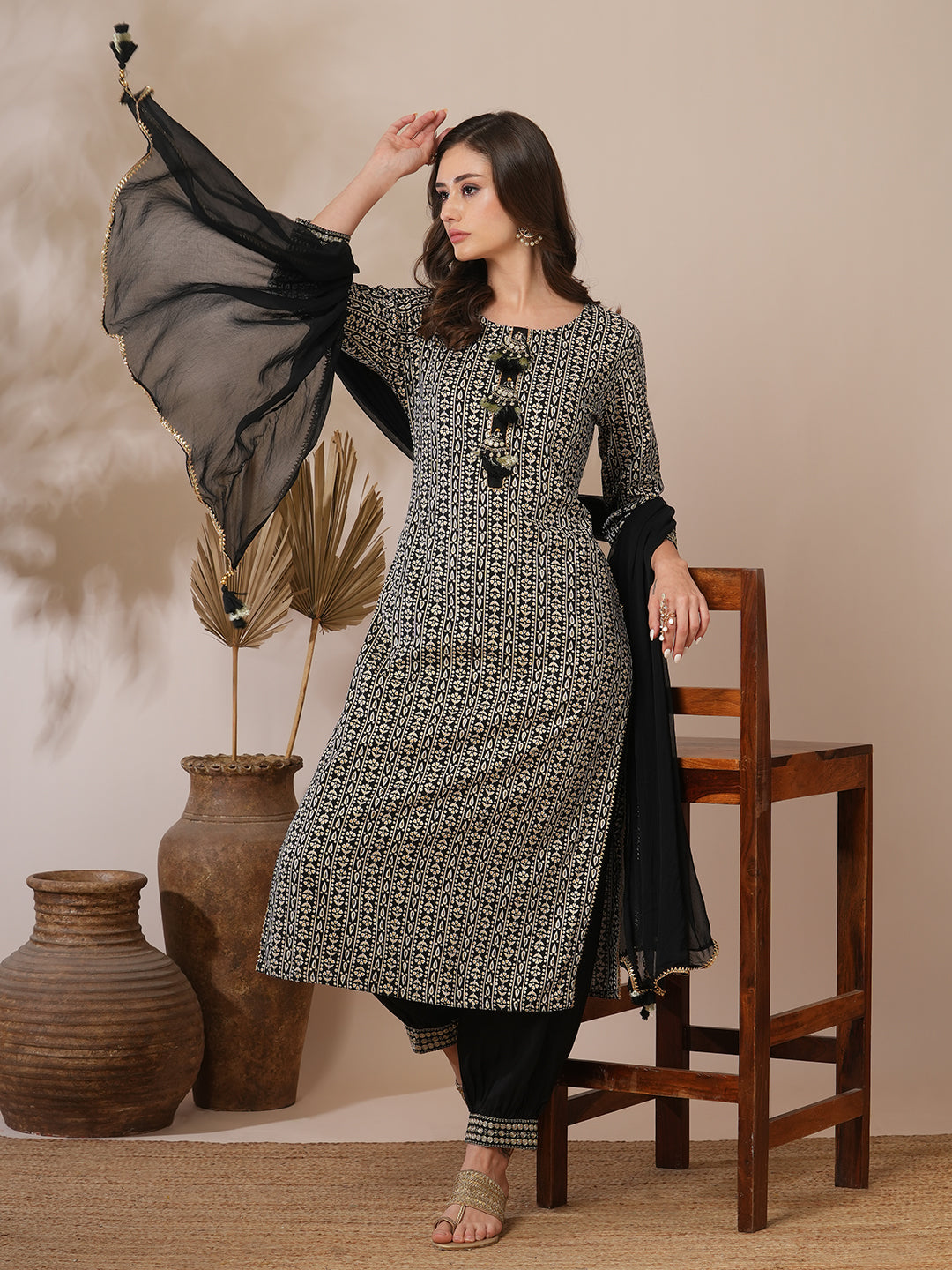 Ethnic Floral Stripes Printed Straight Fit Kurta with Pant and Dupatta - Black