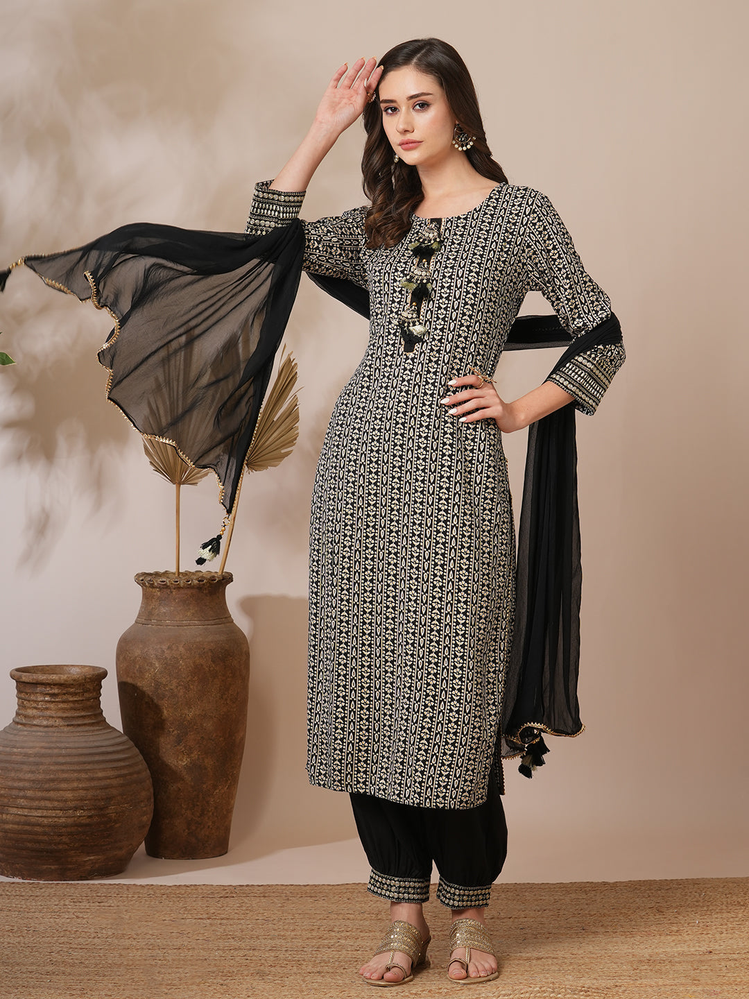 Ethnic Floral Stripes Printed Straight Fit Kurta with Pant and Dupatta - Black