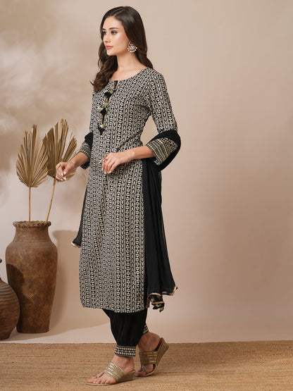 Ethnic Floral Stripes Printed Straight Fit Kurta with Pant and Dupatta - Black