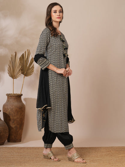 Ethnic Floral Stripes Printed Straight Fit Kurta with Pant and Dupatta - Black