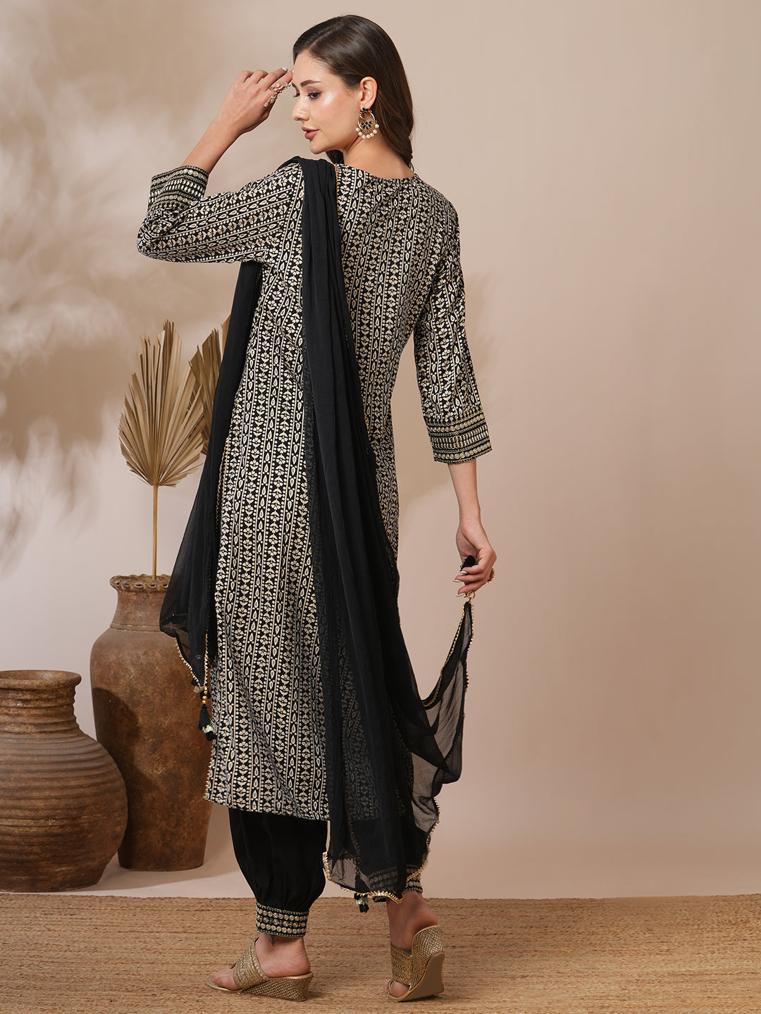 Ethnic Floral Stripes Printed Straight Fit Kurta with Pant and Dupatta - Black