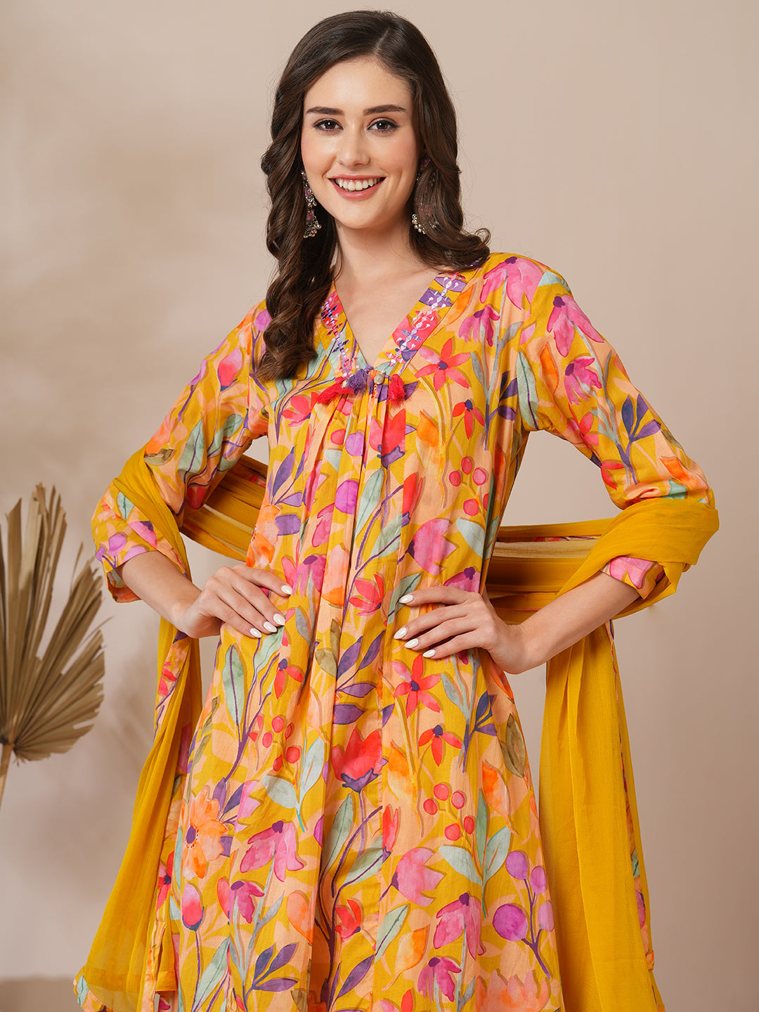 Abstract Floral Printed A-Line Paneled Kurta with Pant & Dupatta - Yellow