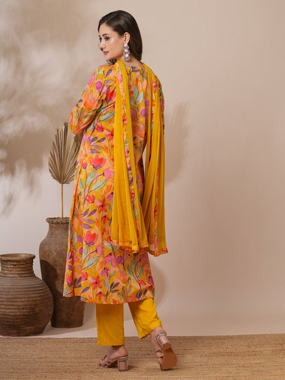 Abstract Floral Printed A-Line Paneled Kurta with Pant & Dupatta - Yellow