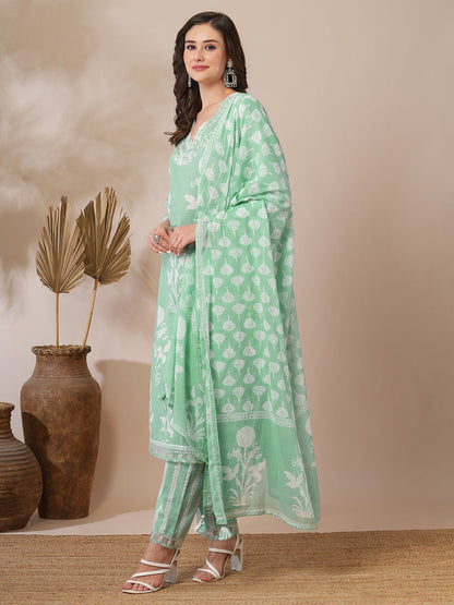 Floral Block Printed & Embroidered Straight Fit Kurta with Pant & Dupatta - Mint Green