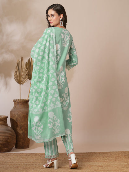 Floral Block Printed & Embroidered Straight Fit Kurta with Pant & Dupatta - Mint Green