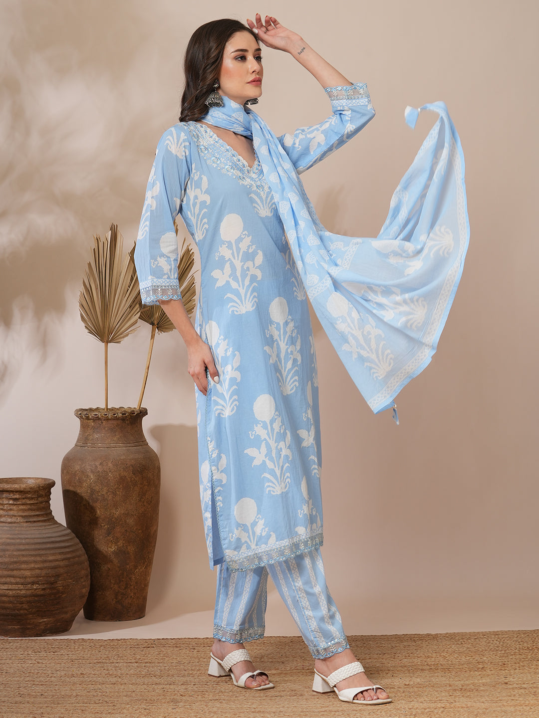 Floral Block Printed & Embroidered Straight Fit Kurta with Pant & Dupatta - Blue