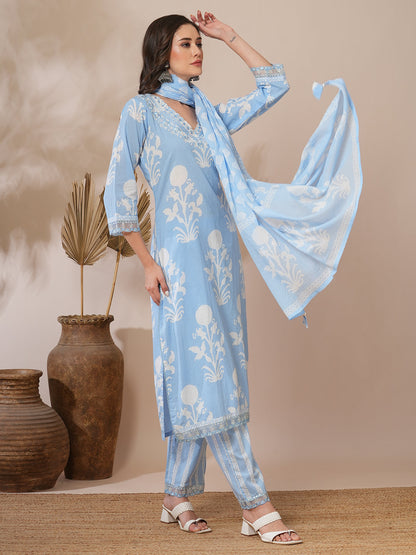 Floral Block Printed & Embroidered Straight Fit Kurta with Pant & Dupatta - Blue