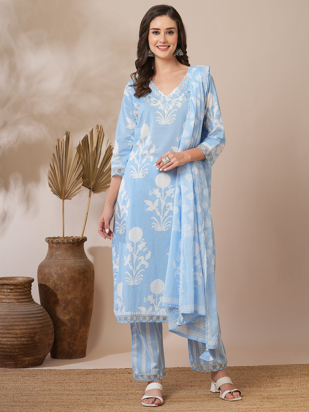 Floral Block Printed & Embroidered Straight Fit Kurta with Pant & Dupatta - Blue