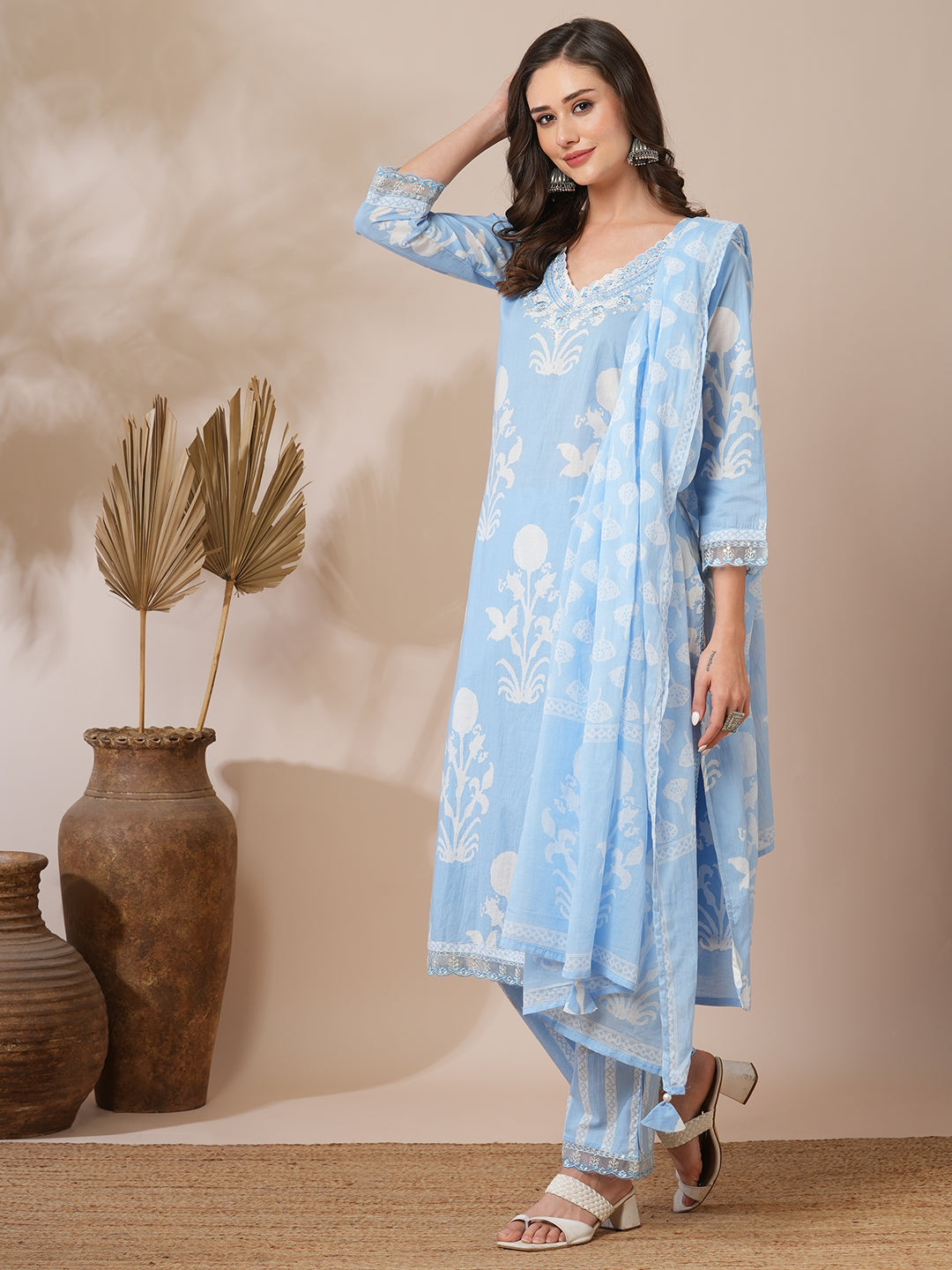 Floral Block Printed & Embroidered Straight Fit Kurta with Pant & Dupatta - Blue