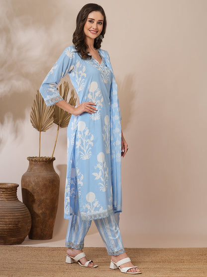 Floral Block Printed & Embroidered Straight Fit Kurta with Pant & Dupatta - Blue