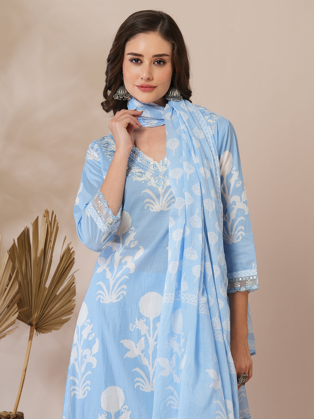 Floral Block Printed & Embroidered Straight Fit Kurta with Pant & Dupatta - Blue