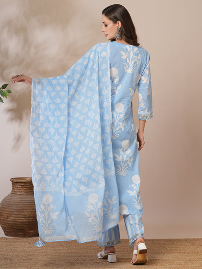 Floral Block Printed & Embroidered Straight Fit Kurta with Pant & Dupatta - Blue