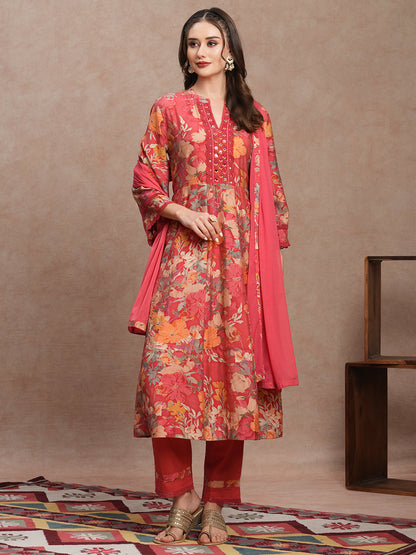 Floral Printed & Embroidered Anarkali Kurta with Pant and Dupatta - Peach