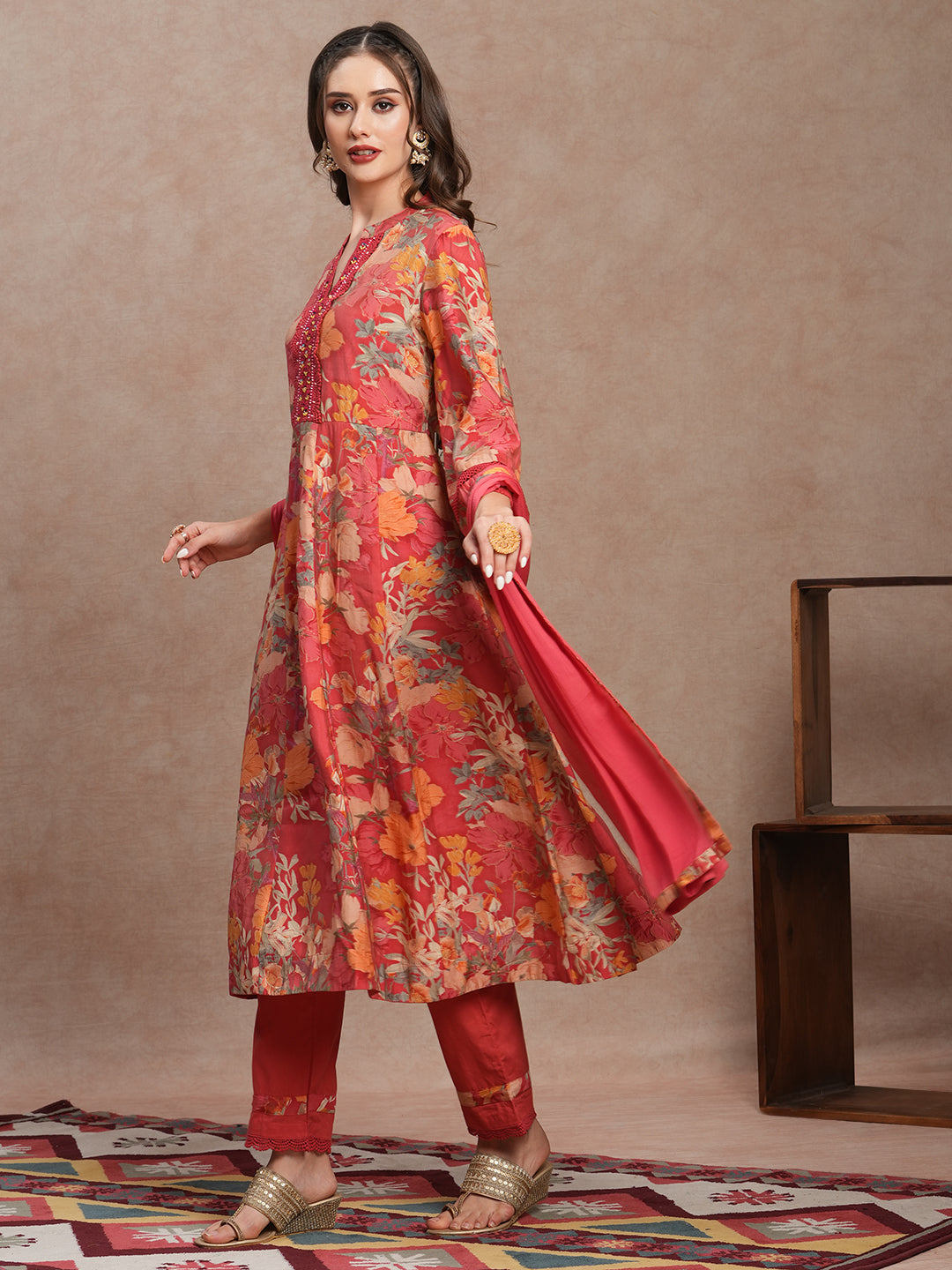 Floral Printed & Embroidered Anarkali Kurta with Pant and Dupatta - Peach