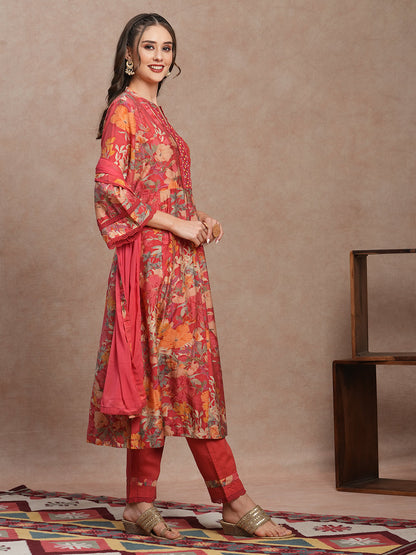 Floral Printed & Embroidered Anarkali Kurta with Pant and Dupatta - Peach