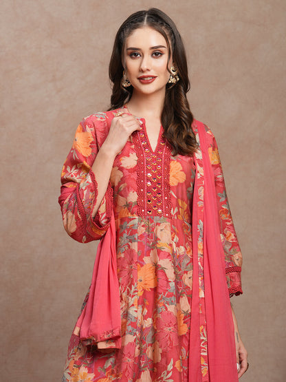 Floral Printed & Embroidered Anarkali Kurta with Pant and Dupatta - Peach