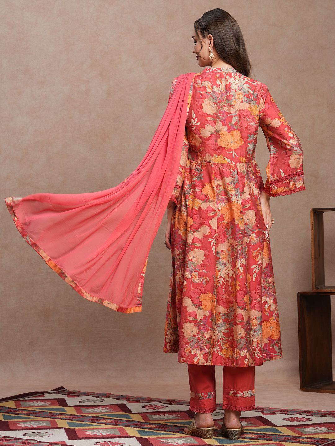 Floral Printed & Embroidered Anarkali Kurta with Pant and Dupatta - Peach