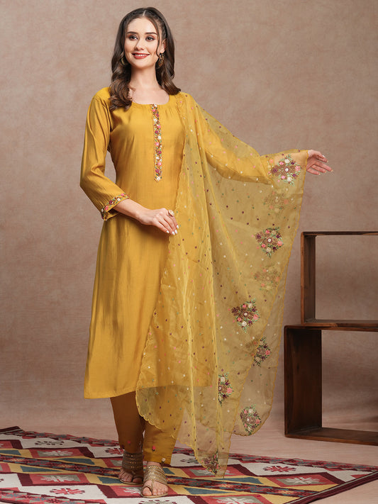 Floral Hand Embroidered Straight Fit Kurta with Pant & Dupatta - Mustard