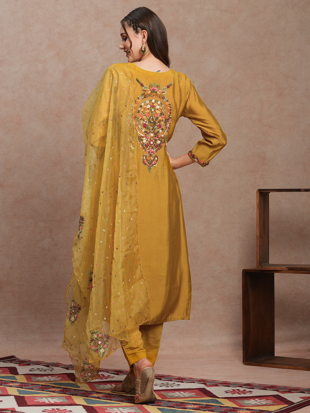 Floral Hand Embroidered Straight Fit Kurta with Pant & Dupatta - Mustard