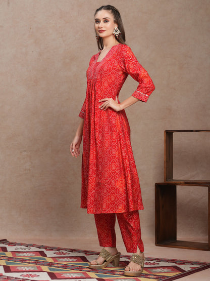 Ethnic Bandhani Foil Printed A-Line Co-ord Set - Red