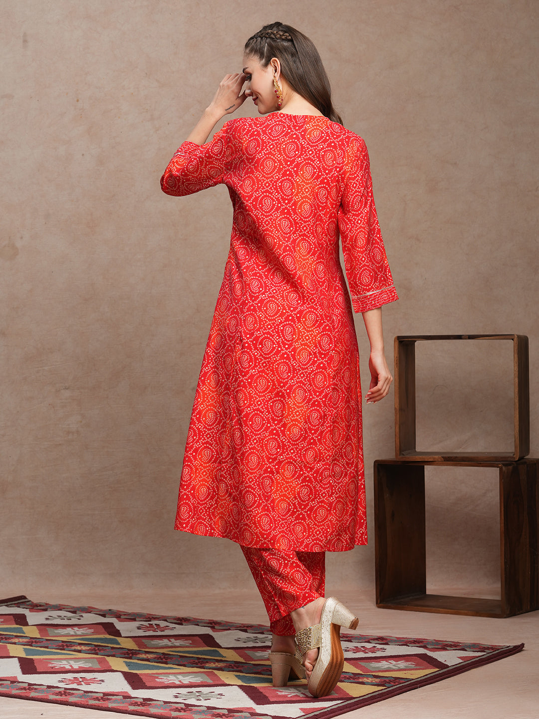 Ethnic Bandhani Foil Printed A-Line Co-ord Set - Red