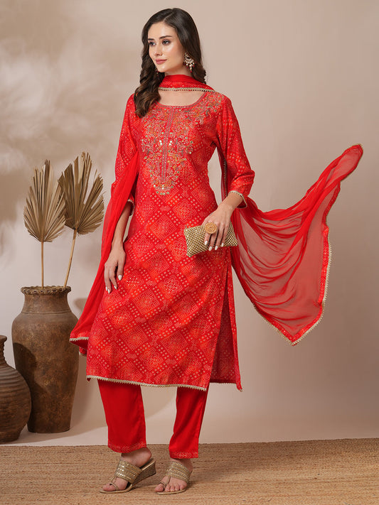 Bandhani Printed & Embroidered Straight Fit Kurta with Pant & Dupatta - Red