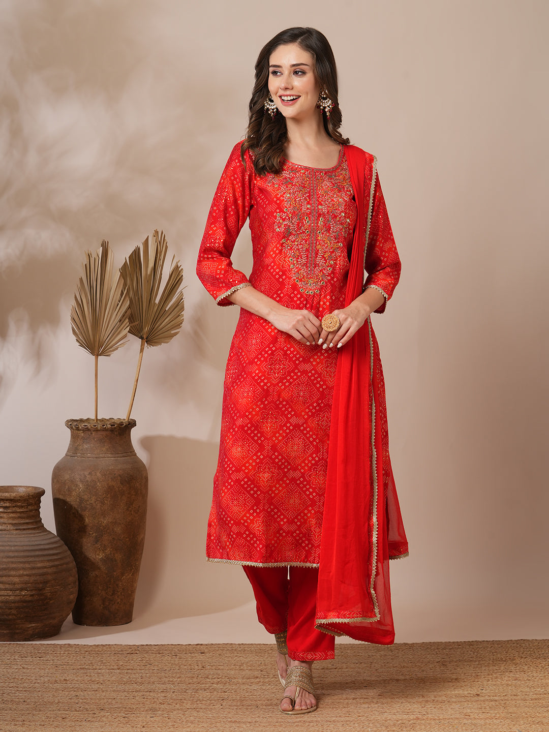 Bandhani Printed & Embroidered Straight Fit Kurta with Pant & Dupatta - Red