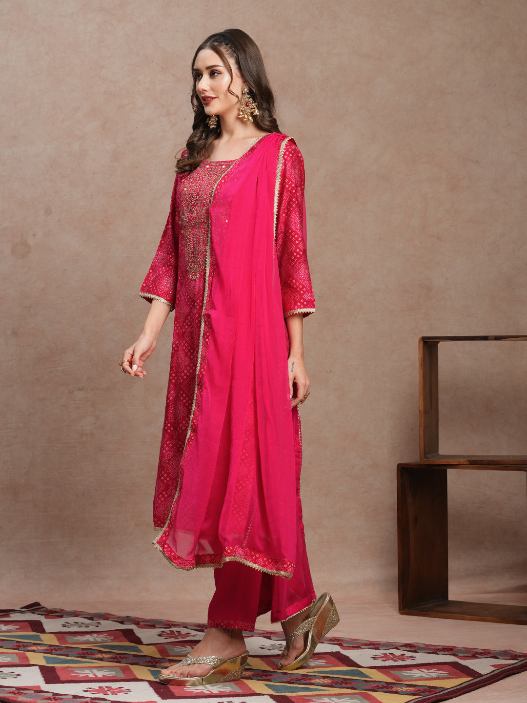 Bandhani Printed & Embroidered Straight Fit Kurta with Pant & Dupatta - Pink