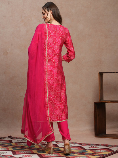 Bandhani Printed & Embroidered Straight Fit Kurta with Pant & Dupatta - Pink