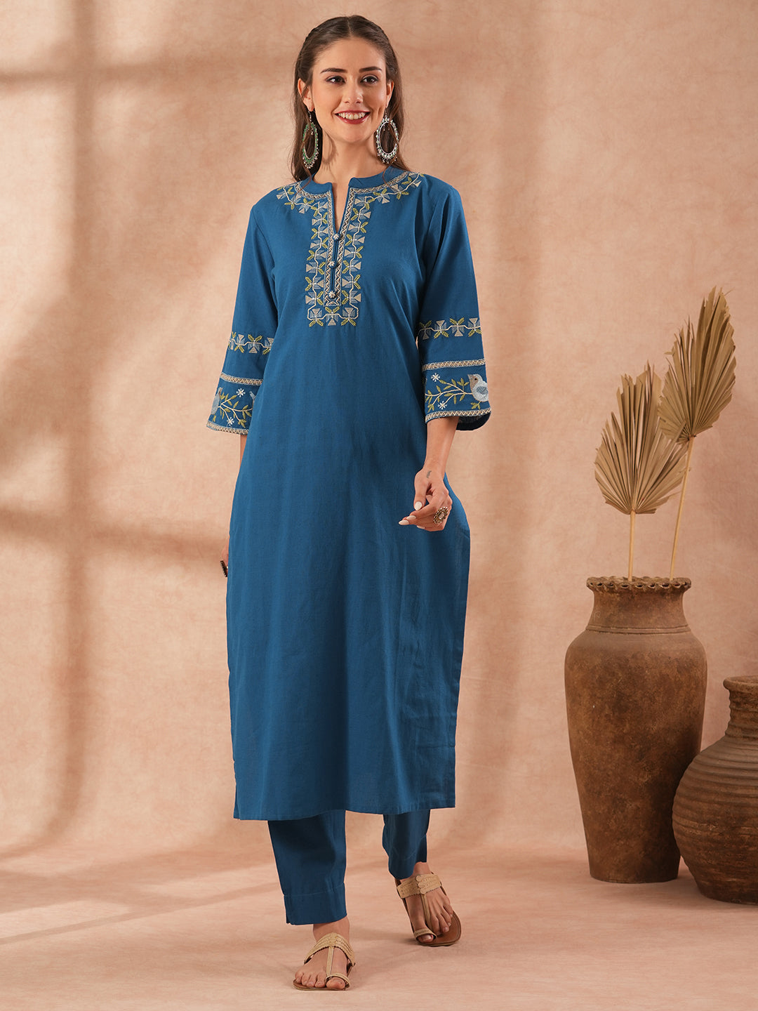 Ethnic Embroidered Straight Fit Co-ord Set - Blue