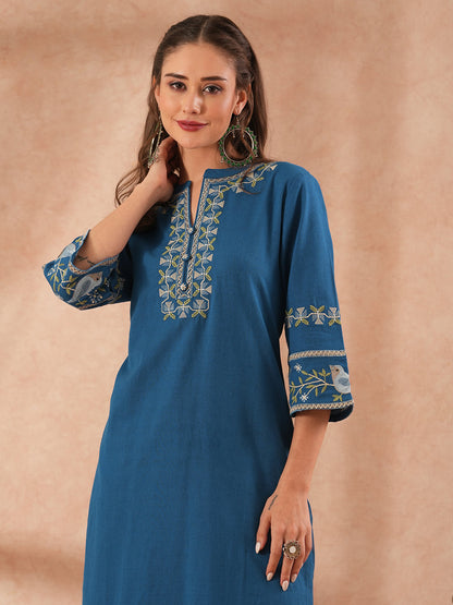 Ethnic Embroidered Straight Fit Co-ord Set - Blue