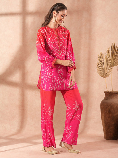 Bandhani Printed & Ombre Embroidered Straight Fit Co-ord Set - Pink