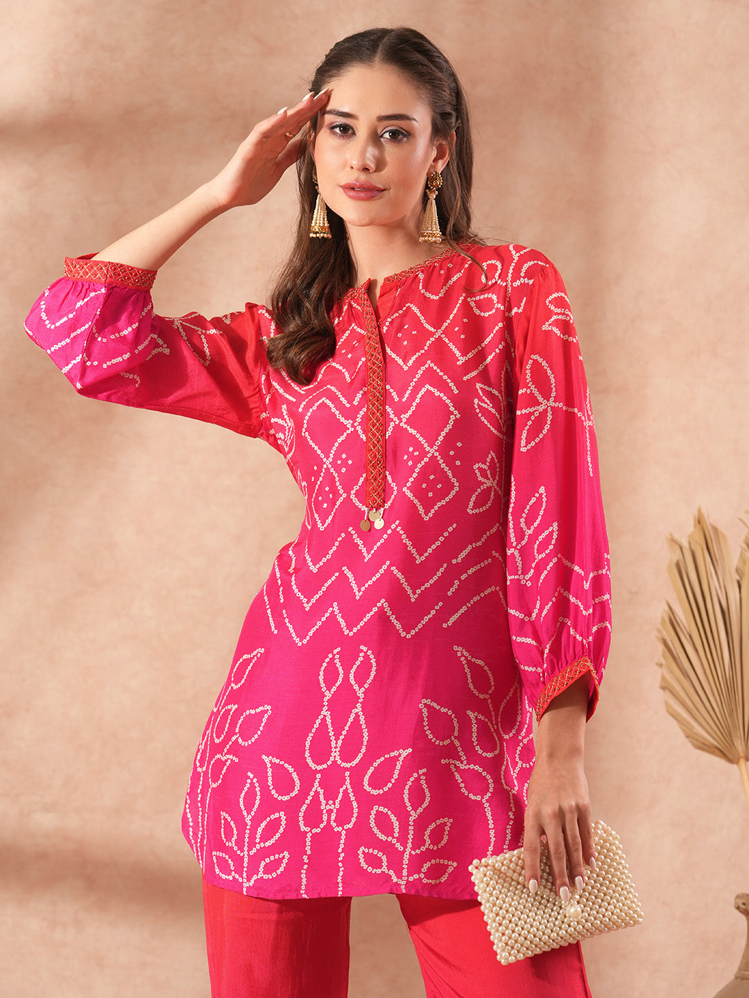 Bandhani Printed & Ombre Embroidered Straight Fit Co-ord Set - Pink