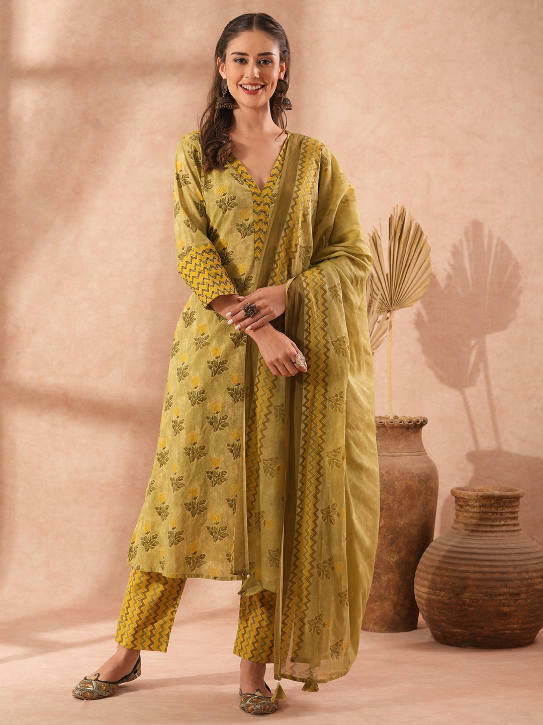 Ethnic Floral Printed & Embroidered A-Line Kurta with Pant & Dupatta - Green