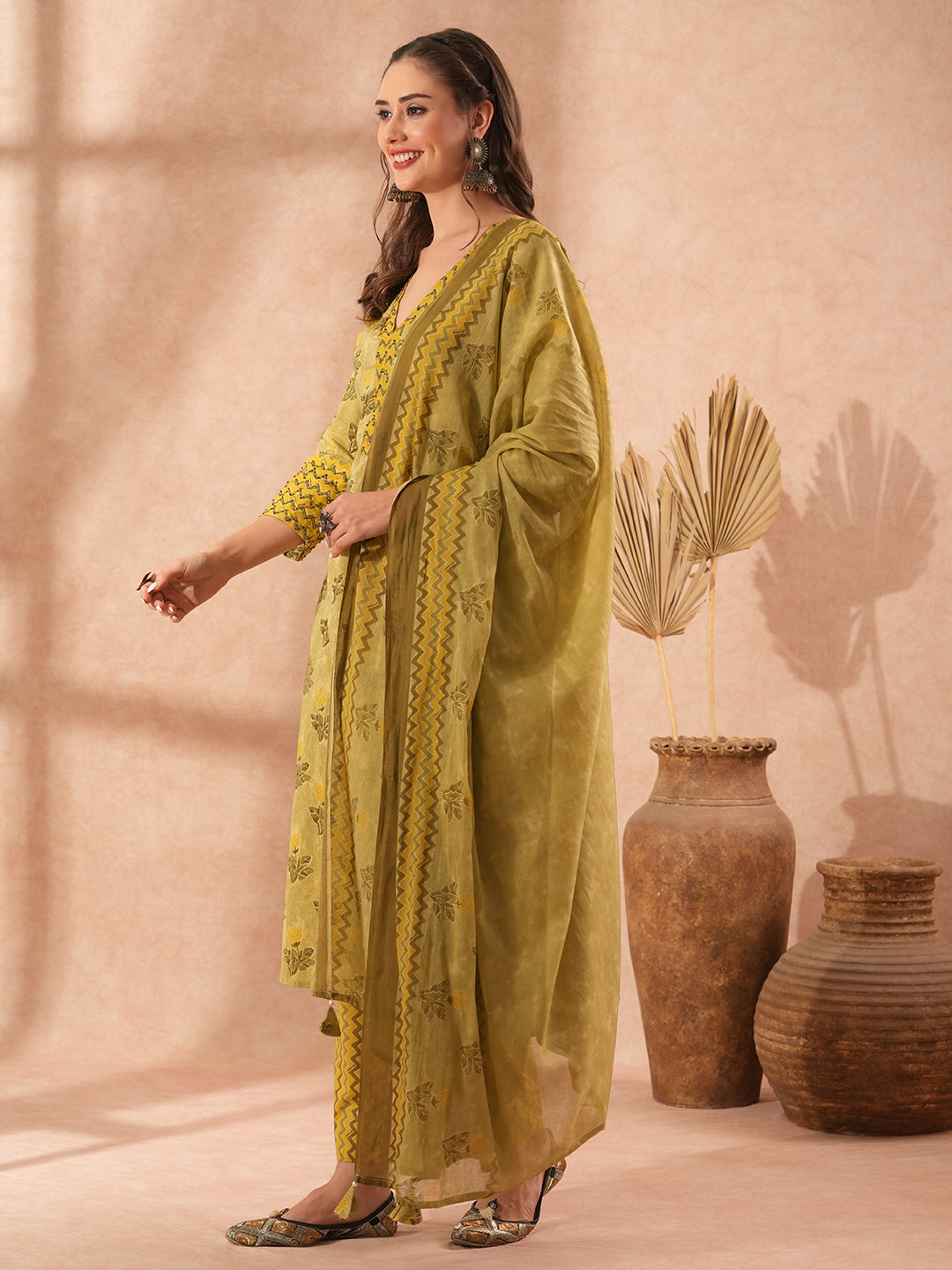 Ethnic Floral Printed & Embroidered A-Line Kurta with Pant & Dupatta - Green