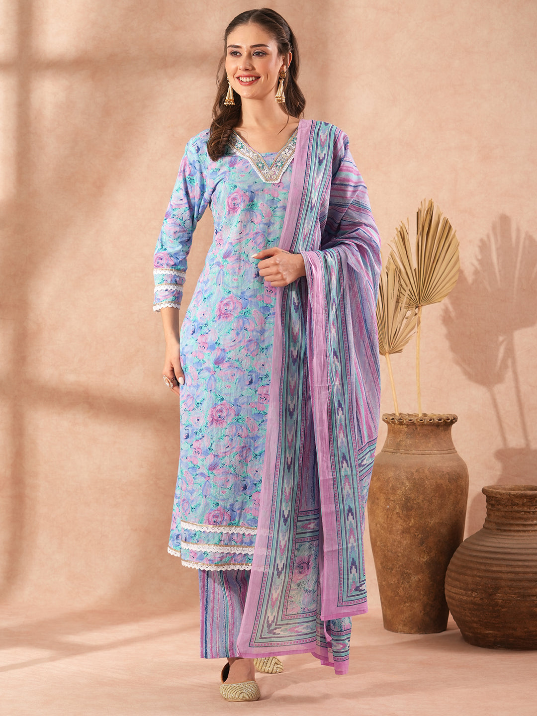 Abstract Floral Printed & Embroidered Straight Fit Kurta with Pant and Dupatta - Lavender