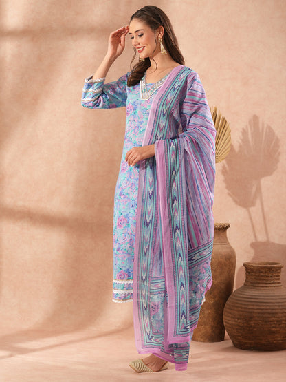 Abstract Floral Printed & Embroidered Straight Fit Kurta with Pant and Dupatta - Lavender